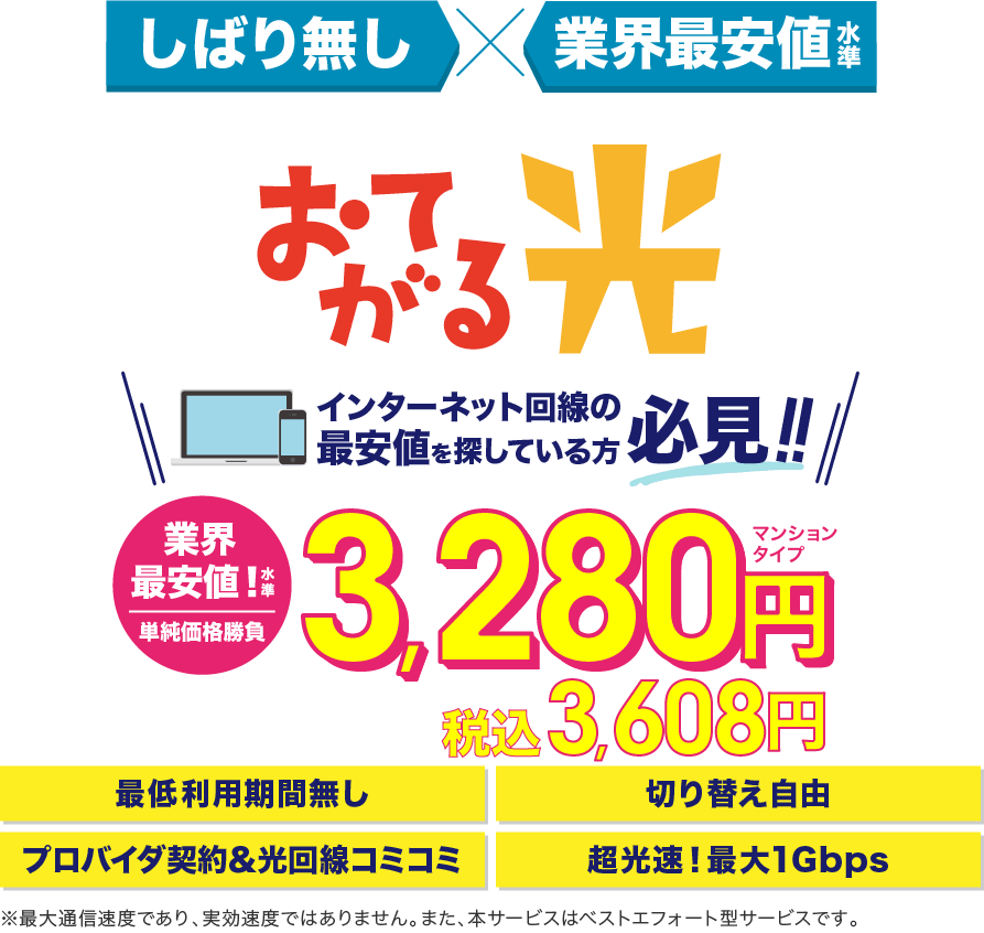 しばり無し 業界最安値水準 インターネットを自由に！おてがる光 インターネット回線の最安値を探している方必見!! 業界最安値!水準単純価格勝負 3,280園マンションタイプ しばり無し 解約時違約金なし 最低利用期間無し 切り替え自由 プロバイダ契約&光回線コミコミ 超高速!最大1Gbps ※最大通信速度であり､実行速度ではありません｡また､本サービスはベストエフォート型サービスです｡