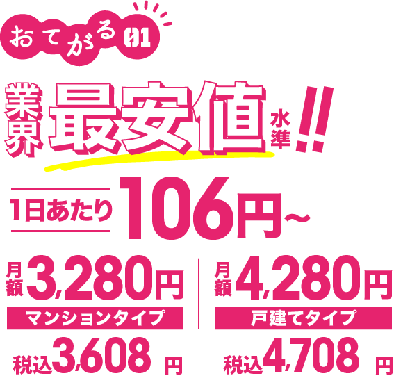 おてがる01 業界最安値水準!! プロバイダ契約&光回線コミコミ 1日あたり106円~ 月額3,280円マンションタイプ 月額4,280円戸建てタイプ