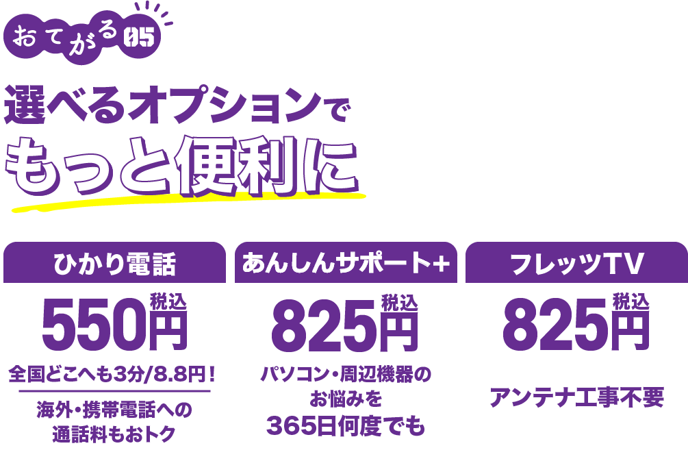 おてがる05 選べるオプションでもっと便利に ひかり電話500円全国どこへも3分/8円！海外・携帯電話への通話料もおトク リモートサポート 500円 パソコン・周辺機器のお悩みを365日何度でも フレッツTV750円 アンテナ工事不要