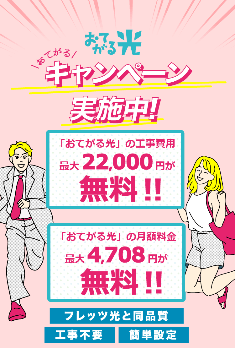 おてがる光 おてがるキャンペーン実施中 工事費用5000円割引 NTTグループカードの新規入会で今なら6,000円キャッシュバック フレッツ光と同品質 工事不要 簡単設定